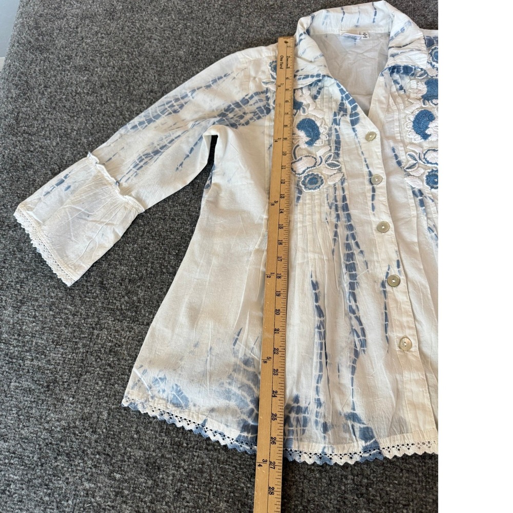 Parsley & Sage Womens Boho Tie Dye Embroidered Button Front Blouse White Blue M - Picture 9 of 12